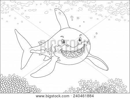 Great White Shark Swimming Over A Coral Reef In A Tropical Sea, Black And White Vector Illustration 