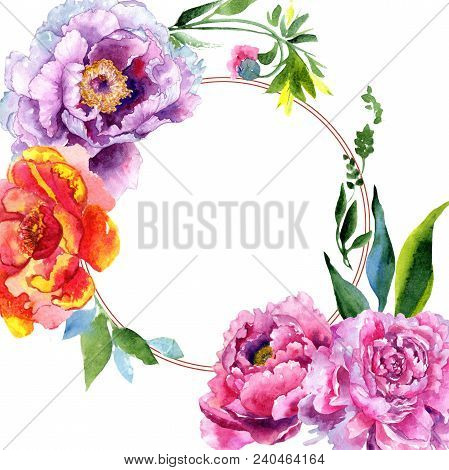 Wildflower Peony Pink Flower Frame In A Watercolor Style. Aquarelle Wildflower For Background, Textu