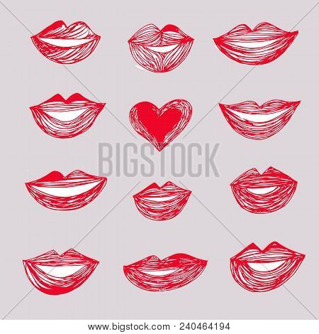 Decorative  Vector Collection Of   Lips.print On Paper, Textiles And Other Materialah.vektor.