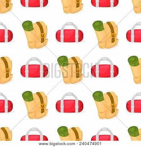 Tourist Backpack Samless Pattern Vector Illustration With Cartoon Flat Backpack And Sport Suitcase. 