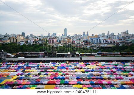 Train Night Market At Ratchada Road, Bangkok, Thailand. Called Talad Rot Fai In Thai
