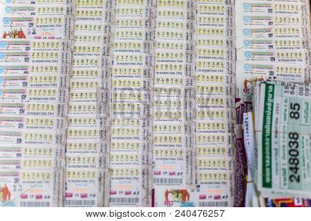 Bangkok, Thailand - May 7, 2018: Thai Lottery Tickets Sold At Lottery Ticket Stalls In Bangkok.