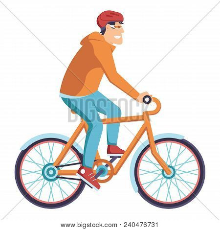 Man On Bicycle Driving With Helmet And Glasses. Modern Cyclist Guy Riding City Bike.