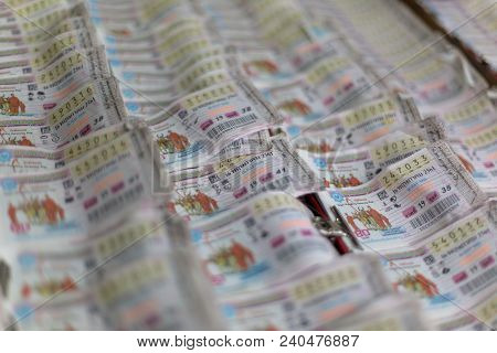 Bangkok, Thailand - May 7, 2018: Thai Lottery Tickets Sold At Lottery Ticket Stalls In Bangkok.