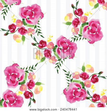 Hand-painted Watercolor Floral Rose Pattern. Illustration Of Decorative Floral Design For Wedding In