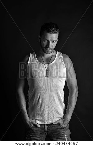 Man With Unshaven Face In Studio. Fashion And Beauty. Fashion Model On Grey Background. Handsome Muc