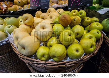 Variety Of Organic Asian Pear Or Chinese Pear (pyrus Pyrifolia) In Baskets At The Modern Hypermarket