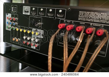 Back Of Audio Receiver Video For Home Theater With Inputs For Connecting Equipment And Output To Spe