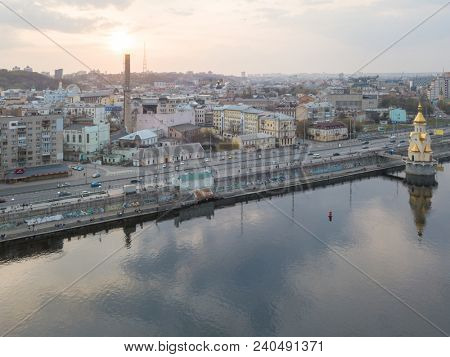 Panoramic view of the Podol district and church of St. Nicholas on the water Kiev city, Ukraine