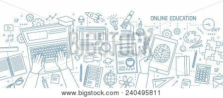 Horizontal Banner With Hands Typing On Computer And Various Office Supplies Drawn With Contour Lines