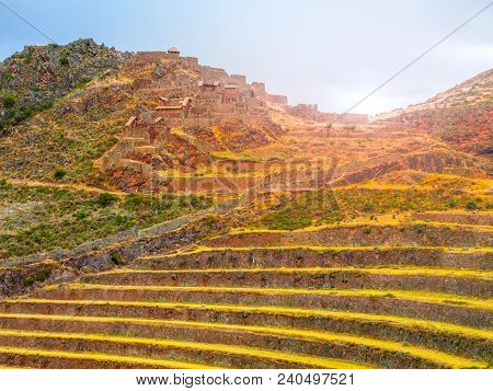 Terraces Of Pisaq Ruins. Incan Citadel In Urubamba Valley, Peru, Latin America.