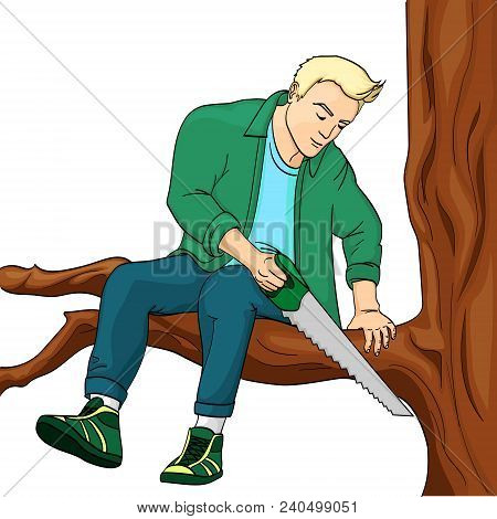 Man Sawing Tree Branch On Which Sits Vector Illustration. Make Yourself Worse Metaphor. Color Backgr