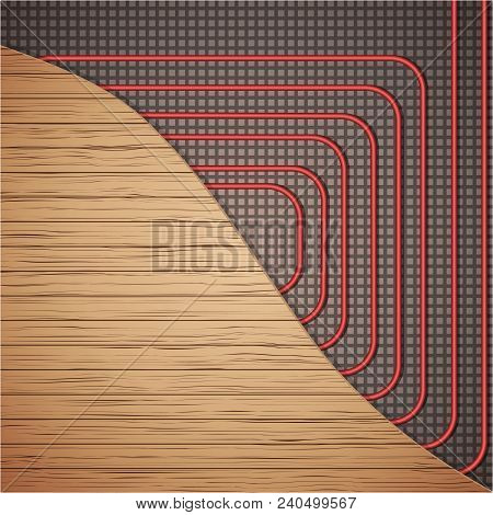 Floor Heating System Under Wooden Cover. Top View. Ways Of Installing Pipes Under Cover. Vector Illu