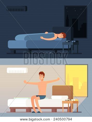 Man Peacefully Sleeping And Dreaming In Comfy Bed At Night And Peppy Waking Up In Morning Cartoon Ve