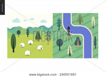 Simple Things - Color - Flat Cartoon Vector Illustration Of Top View, Satellite Of River With Trees,
