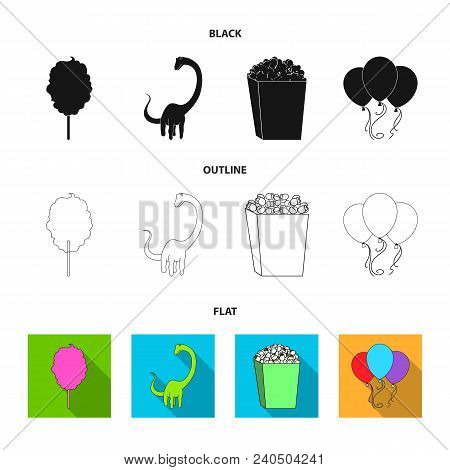 Sweet Cotton Wool On A Stick, A Toy Dragon, Popcorn In A Box, Colorful Balloons On A String. Amuseme