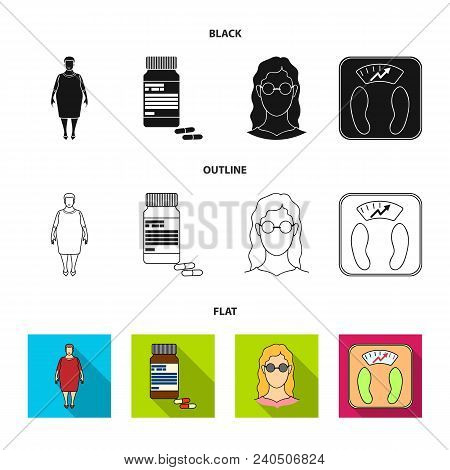Full Woman, A Girl With Glasses, A Scales With Exquisite Result. Diabeth Set Collection Icons In Bla