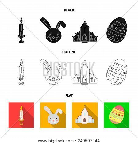 Church, Candle, Easter Bunny And Painted Egg.easter Set Collection Icons In Black, Flat, Outline Sty