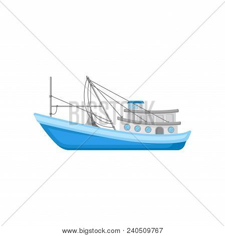 Large Commercial Fishing Boat With Trawling Equipment. Blue Marine Vessel For Industrial Seafood Pro