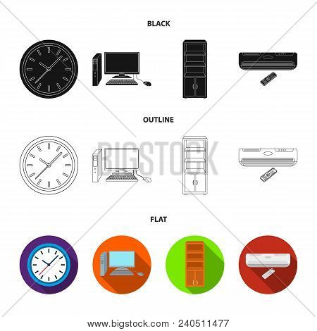 Clock With Arrows, A Computer With Accessories For Work In The Office, A Cabinet For Storing Busines