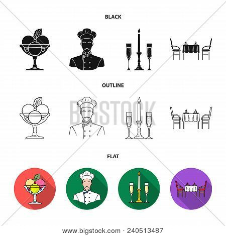 Ice Cream With Fruit, Chef, Candle And Glasses, A Covered Table.restaurant Set Collection Icons In B