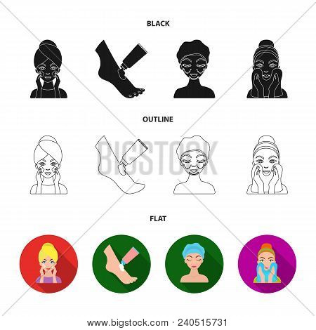Face Care, Plastic Surgery, Face Wiping, Moisturizing The Feet. Skin Care Set Collection Icons In Bl