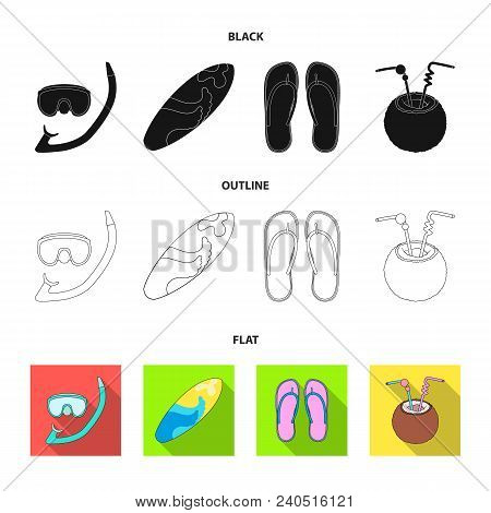 Diving, Surfing, Cocktail.summer Vacation Set Collection Icons In Black, Flat, Outline Style Vector 