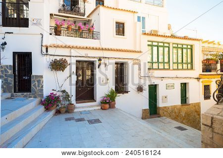 Alicante, Spain, May 2018: Beautiful Old Place In Alicante City, Santa Cruz. Magnificent White House