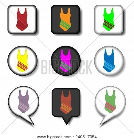 Vector Icon Illustration Logo For Set Symbols Sea Suit Swimsuit. Swimsuit Pattern Consisting Of Flat