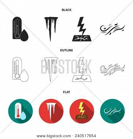 Humidity, Icicles, Thunderbolt, Windy Weather. Weather Set Collection Icons In Black, Flat, Outline 