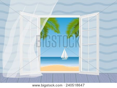 Vector Illustration Of Tropical Beach, Palm Trees And Ship