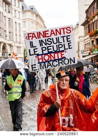 Strasbourg, France - Sep 12, 2018: Shame Macron Placard In Male Hand During A French Nationwide Day 