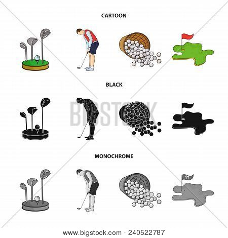Stand For A Golf Club, Muzhchin Playing With A Club, Basket With Balls, Label With A Flag On The Gol
