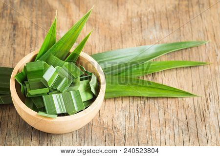 Fresh Green Pandan In A Wooden Bowl On Wood Table,pandan Leaves On Old Wood Background