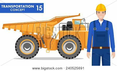 Detailed Illustration Of Off-highway Truck And Miner, Worker, Builder, Driver In Flat Style On White