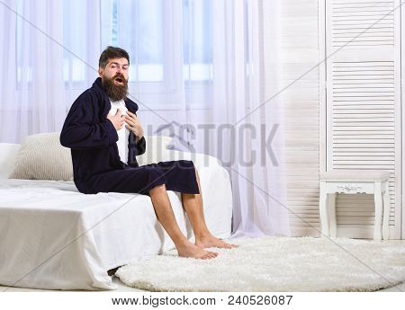 Guy On Sleepy Face Yawning In Morning. Awakening Concept. Macho With Beard And Mustache Sluggish Yaw
