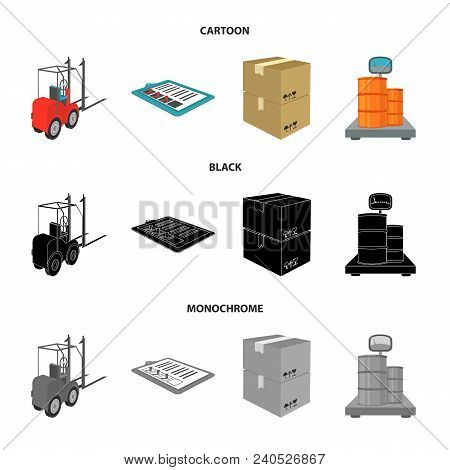 Forklift, Delivery Slips, Packaged Goods, Cargo On Weighing Scales. Logistics And Delivery Set Colle