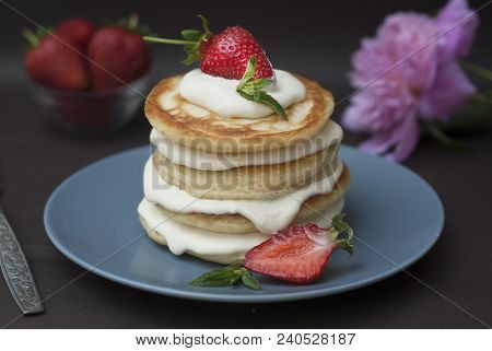 Dessert Pancakes With Cream And Strawbery. Health Breakfast Fruit Berry Vitamine