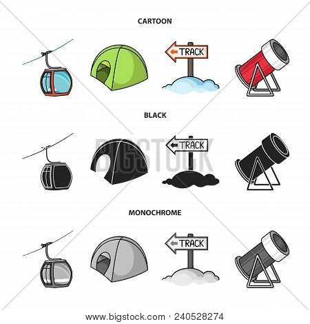 Funicular, Tent, Road Sign, Snow Cannon. Ski Resort Set Collection Icons In Cartoon, Black, Monochro