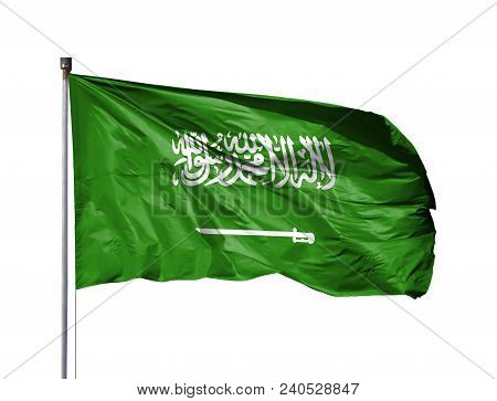 National Flag Of Saudi Arabia On A Flagpole, Isolated On White Background.