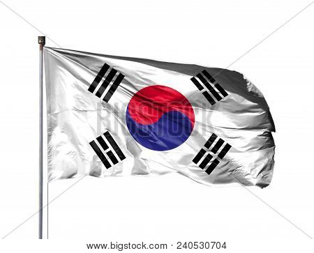 National Flag Of South Korea On A Flagpole, Isolated On White Background.
