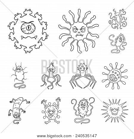 Types Of Funny Microbes Outline Icons In Set Collection For Design. Microbes Pathogenic Vector Symbo