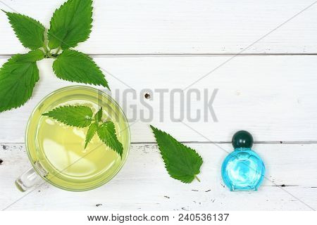 Cup Of Nettle Tea For Good Hair.  Nettle Infusion  And Shampoon With Fresh Nettle Leaves On White Wo