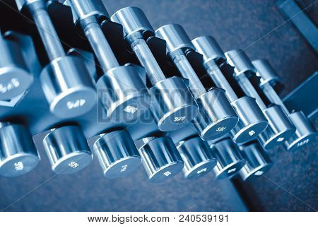 Rows Of Dumbbells In The Gym With Hign Contrast And Monochrome Color Tone