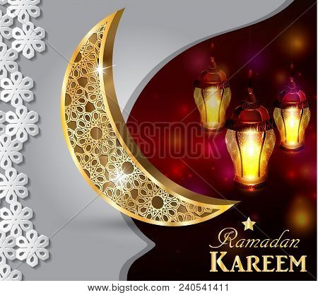 Ramadan Greetings Gold Moon On A Dark Background With Paper Ornament And Maroccan Lanterns