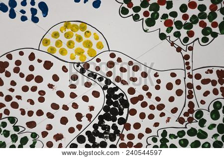 Hand-made Picture Of Summer Landscape With Sun, Apple-tree And Track And A Black Cat. Abstrast Art W