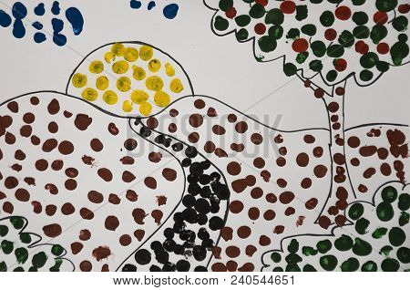 Hand-made Picture Of Summer Landscape With Sun, Apple-tree And Track And A Black Cat. Abstrast Art W