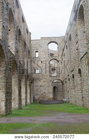 Borgholm, Sweden - Apr 28 2018: High Stone Walls With Many Arches Of The Ruin Of The Borgholm Castle
