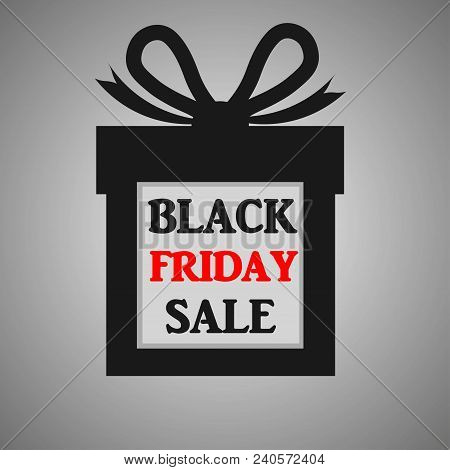 Black Friday Sale Banner With Red And Black Text On Black Gift Box On Gray Background. Modern Concep
