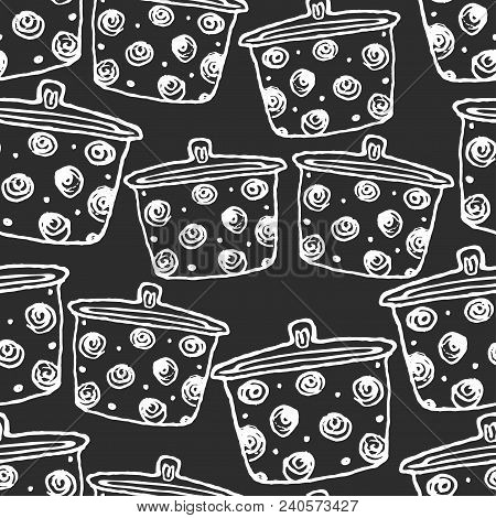Seamless Pattern With Kitchen Pan. For Background Or Textile. Vector Handdrawn Objects
